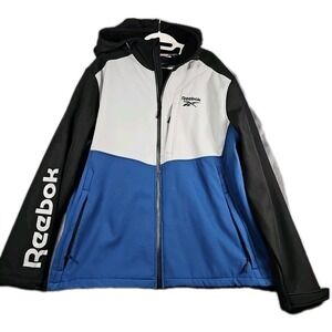 Reebok Jacket Mens XXL Hooded Full Zip Logo Colorblock Windbreaker Black‎ Blue